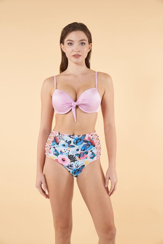 Estiva Desenli Yüksek Bel Britli Bikini Takımı - Pudra Mavi