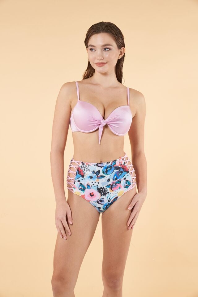 Estiva Desenli Yüksek Bel Britli Bikini Takımı - Pudra Mavi