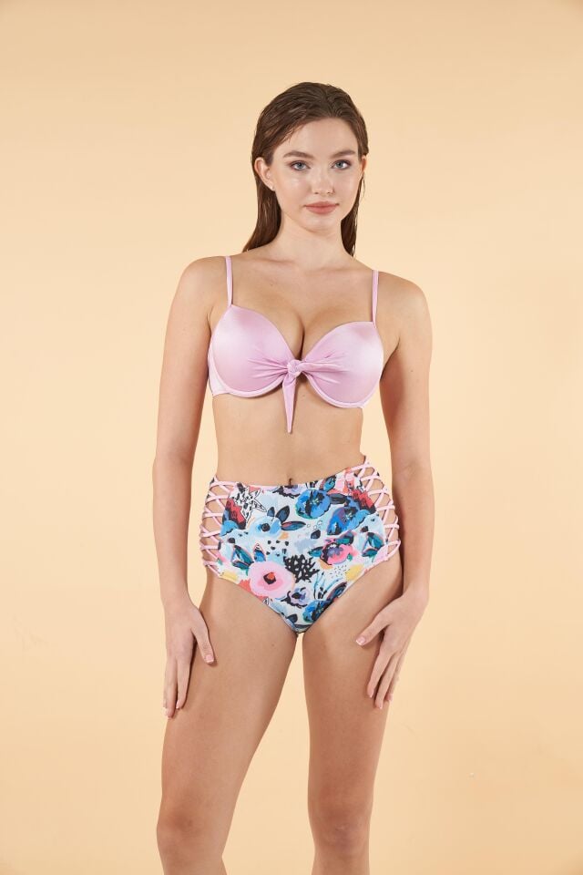 Estiva Desenli Yüksek Bel Britli Bikini Takımı - Pudra Mavi