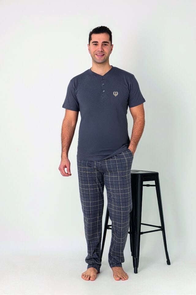Estiva Erkek Kareli Alt Desenli Gri Kısa Kollu Patlı Penye Pijama Takımı