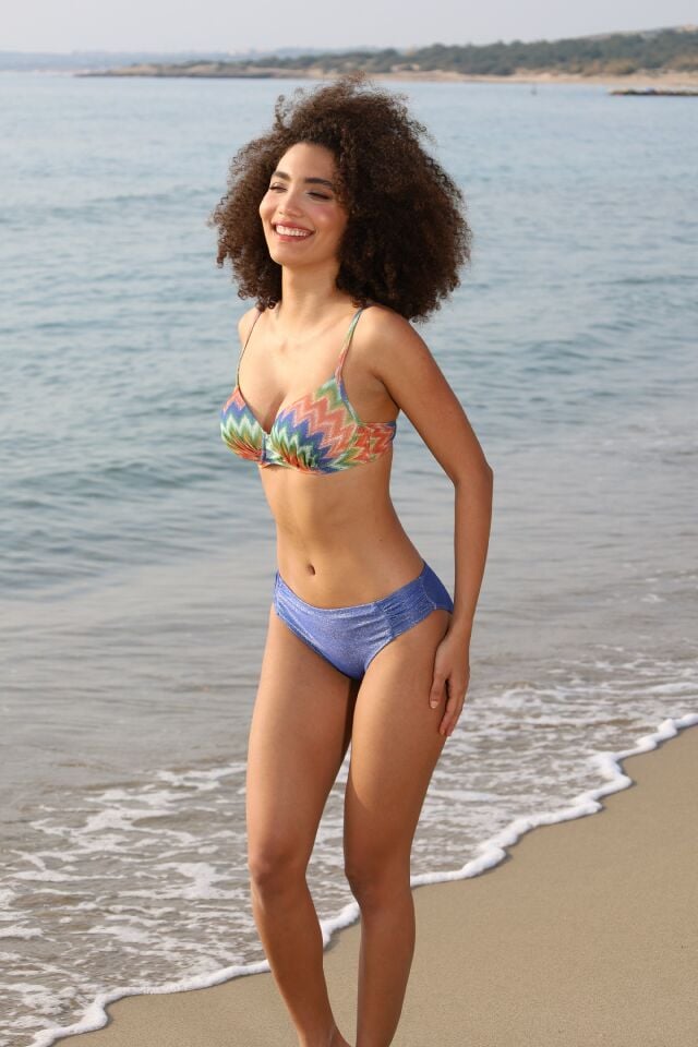 Estiva Kadın Gökkuşağı Desenli Mavi Emprime Dolgulu Kaplı Bikini Takımı alternatif görsel