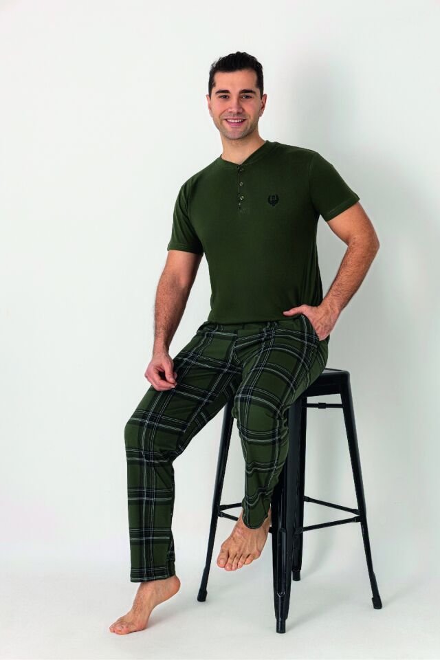 Estiva Erkek Kareli Alt Desenli Haki Kısa Kollu Patlı Penye Pijama Takımı