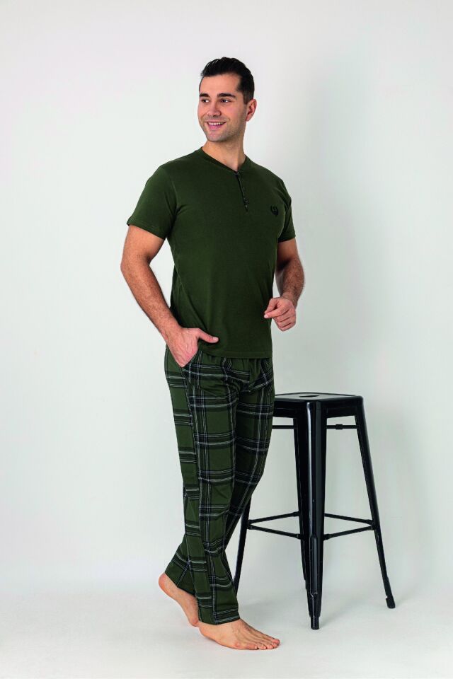 Estiva Erkek Kareli Alt Desenli Haki Kısa Kollu Patlı Penye Pijama Takımı