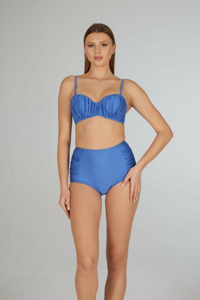 Estiva Kadın Koyu Mavi Drapeli Kaplı Straplez Bikini Takımı