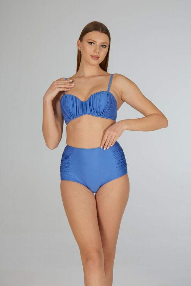 Estiva Kadın Koyu Mavi Drapeli Kaplı Straplez Bikini Takımı