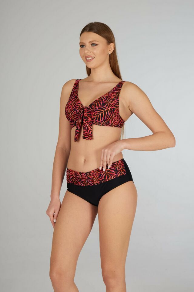 Estiva Kadın Yaprak Desenli Siyah Fular Detaylı Balenli Toparlayıcı Bikini Takımı