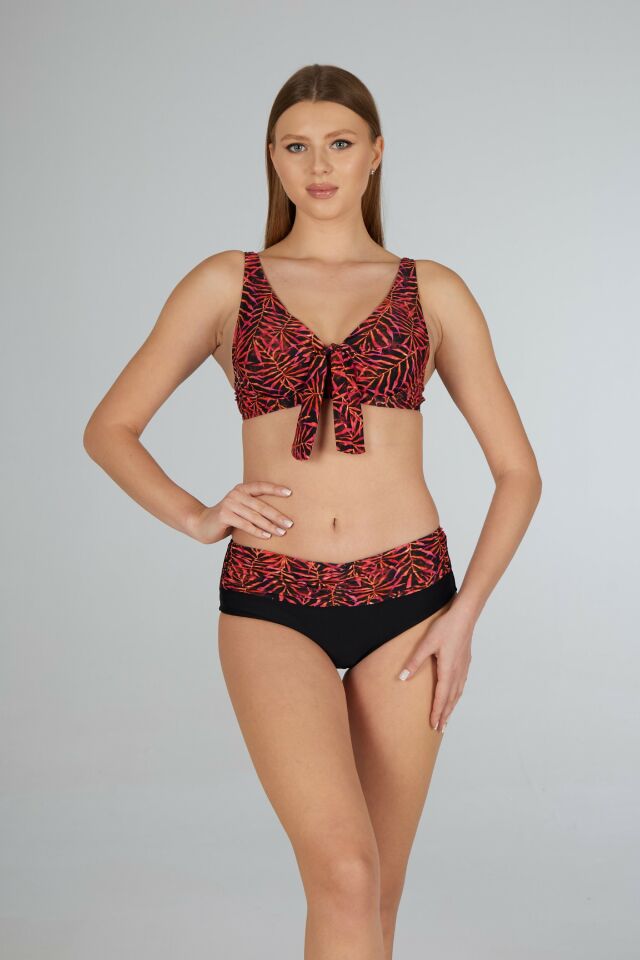 Estiva Kadın Yaprak Desenli Siyah Fular Detaylı Balenli Toparlayıcı Bikini Takımı