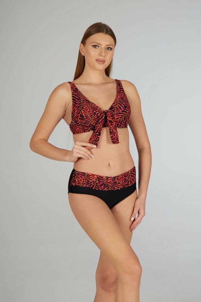 Estiva Kadın Yaprak Desenli Siyah Fular Detaylı Balenli Toparlayıcı Bikini Takımı