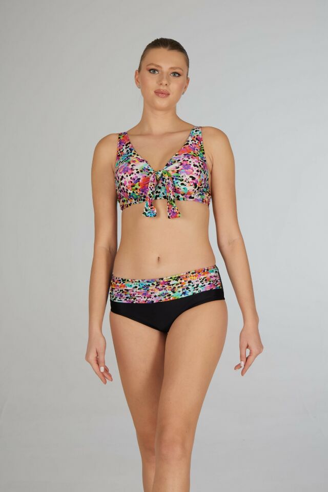Estiva Kadın Renk Desenli Siyah Balenli Toparlayıcı Bikini Takımı