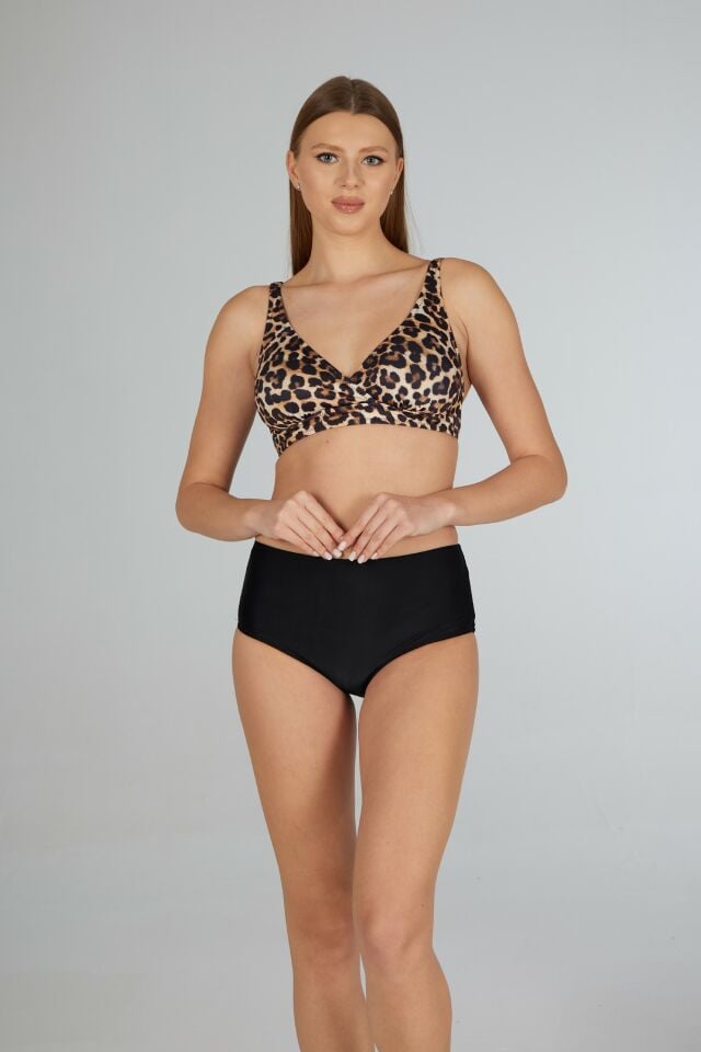 Estiva Kadın Kaplan Desenli Siyah Kruvaze Toparlayıcı Bikini Takımı