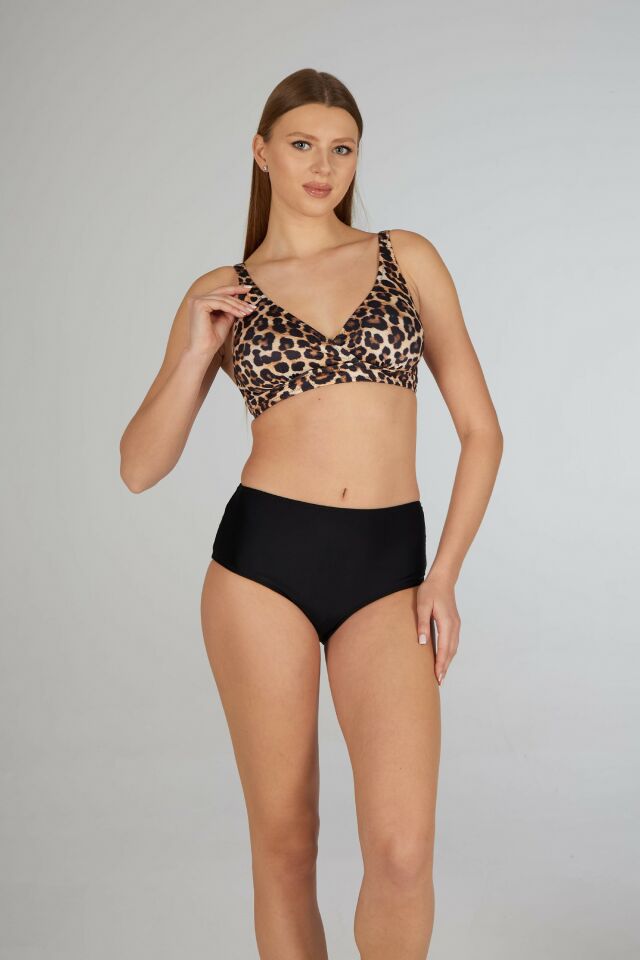 Estiva Kadın Kaplan Desenli Siyah Kruvaze Toparlayıcı Bikini Takımı