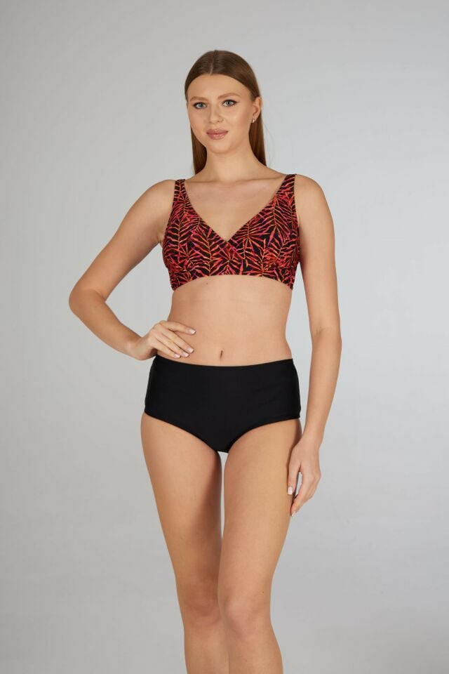 Estiva Kadın Yaprak Desenli Siyah Kruvaze Toparlayıcı Bikini Takımı