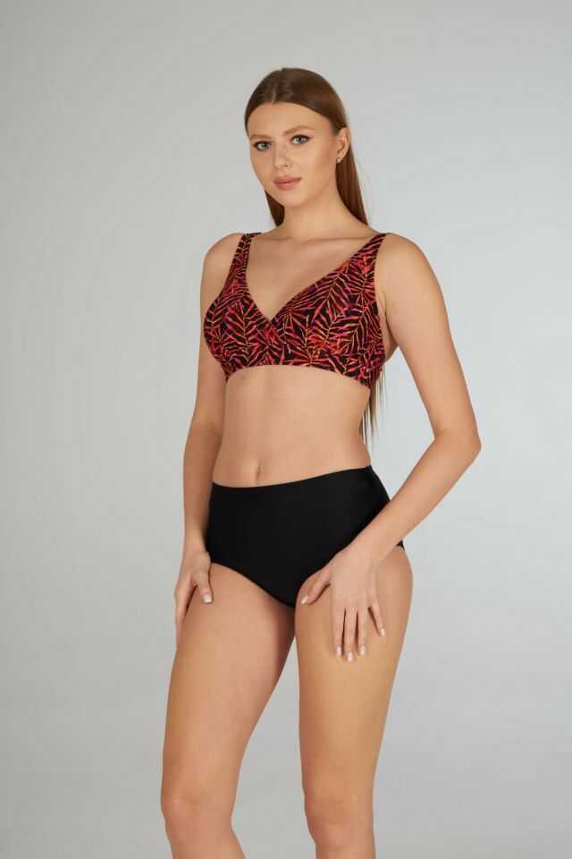 Estiva Kadın Yaprak Desenli Siyah Kruvaze Toparlayıcı Bikini Takımı