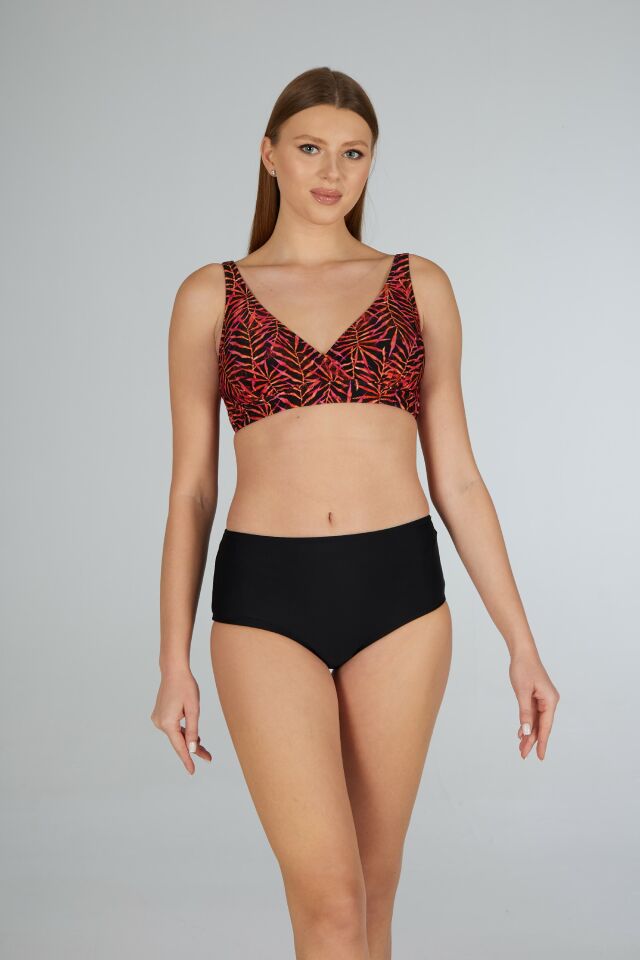 Estiva Kadın Yaprak Desenli Siyah Kruvaze Toparlayıcı Bikini Takımı