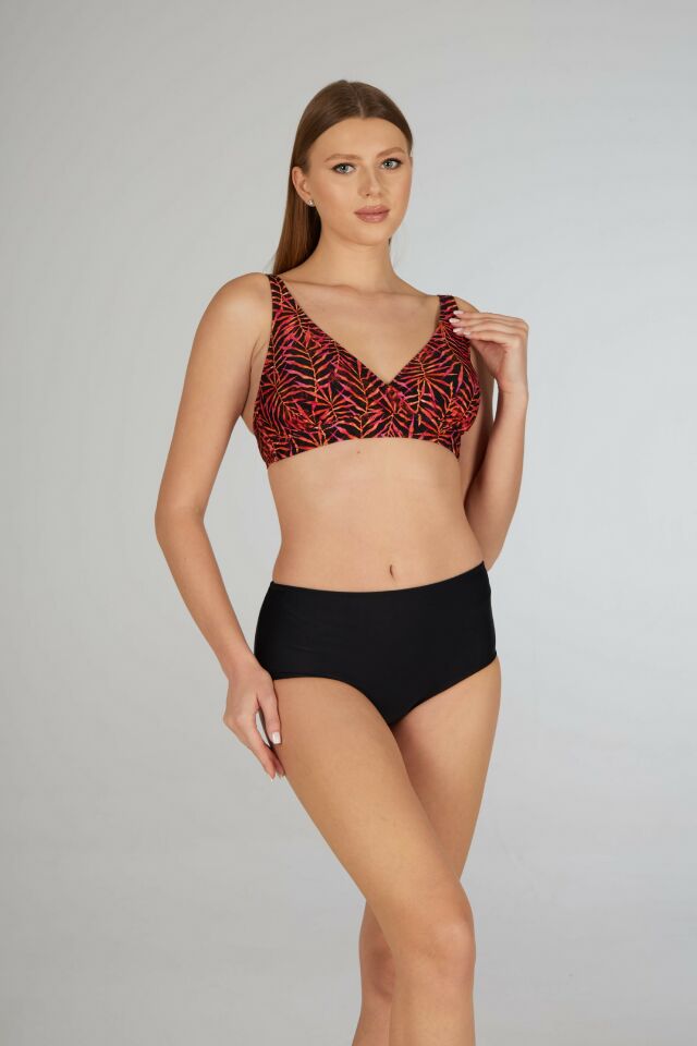 Estiva Kadın Yaprak Desenli Siyah Kruvaze Toparlayıcı Bikini Takımı