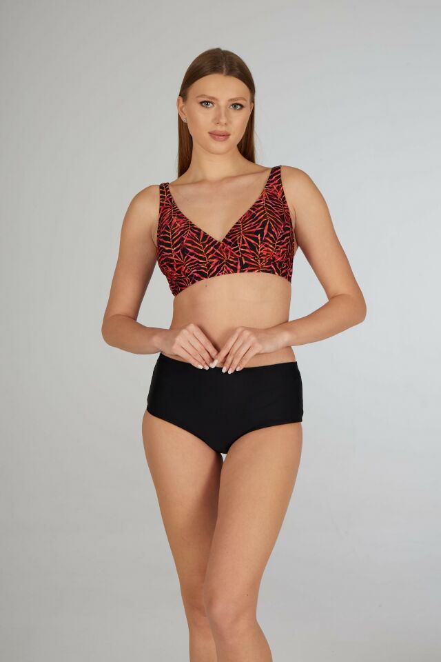 Estiva Kadın Yaprak Desenli Siyah Kruvaze Toparlayıcı Bikini Takımı