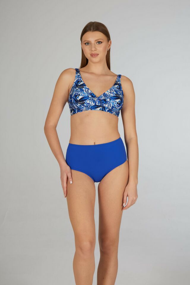 Estiva Kadın Tropikal Desenli Mavi Kruvaze Toparlayıcı Bikini Takımı