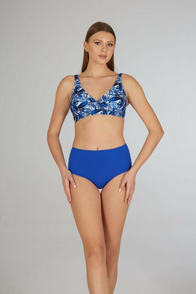 Estiva Kadın Tropikal Desenli Mavi Kruvaze Toparlayıcı Bikini Takımı