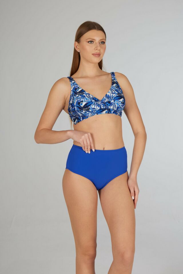 Estiva Kadın Tropikal Desenli Mavi Kruvaze Toparlayıcı Bikini Takımı