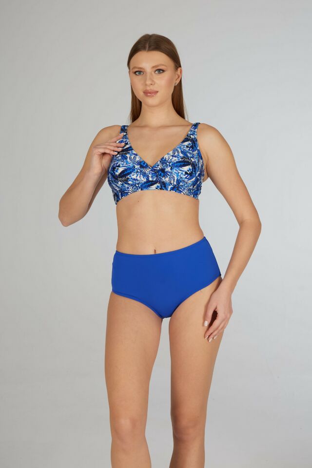 Estiva Kadın Tropikal Desenli Mavi Kruvaze Toparlayıcı Bikini Takımı