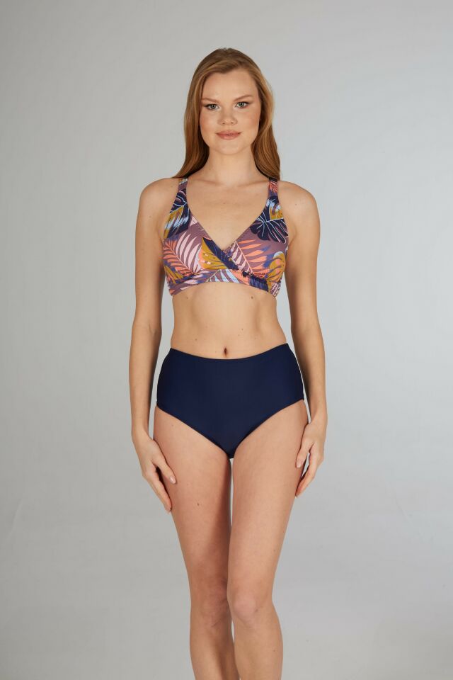 Estiva Kadın Yaprak Desenli Lacivert Kruvaze Toparlayıcı Bikini Takımı
