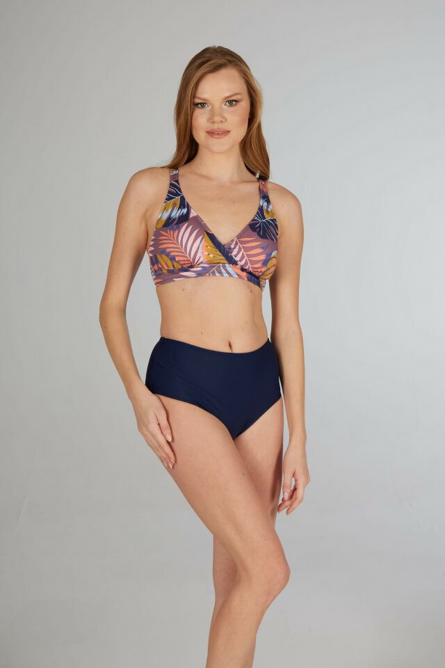 Estiva Kadın Yaprak Desenli Lacivert Kruvaze Toparlayıcı Bikini Takımı