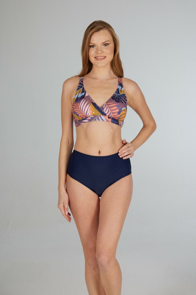 Estiva Kadın Yaprak Desenli Lacivert Kruvaze Toparlayıcı Bikini Takımı