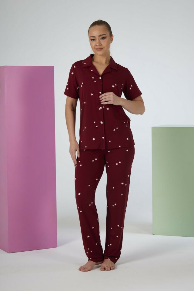 Estiva Kadın Yıldız Desenli Bordo Kısa Kollu Önden Düğmeli Soft Pijama Takımı