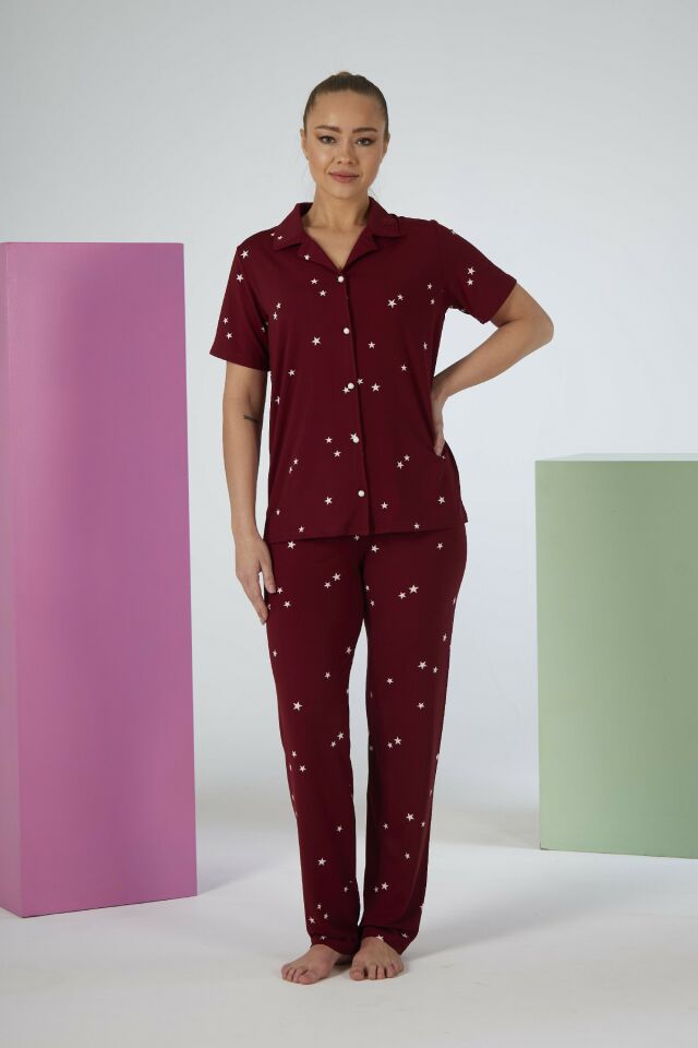 Estiva Kadın Yıldız Desenli Bordo Kısa Kollu Önden Düğmeli Soft Pijama Takımı