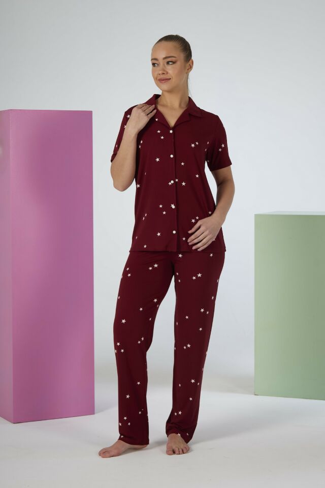 Estiva Kadın Yıldız Desenli Bordo Kısa Kollu Önden Düğmeli Soft Pijama Takımı