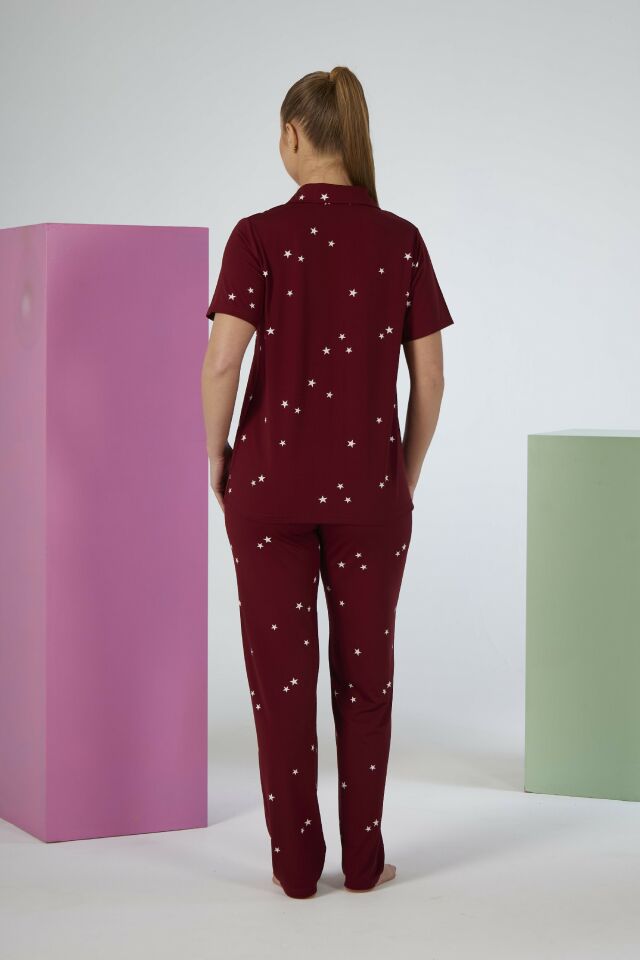 Estiva Kadın Yıldız Desenli Bordo Kısa Kollu Önden Düğmeli Soft Pijama Takımı