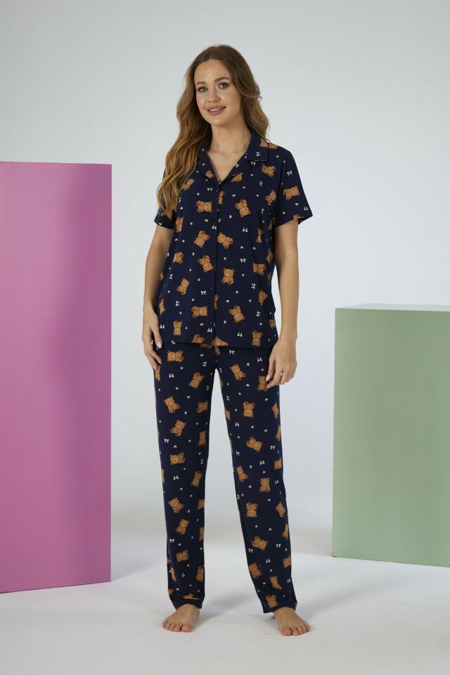 Estiva Kadın Ayıcık Desenli Lacivert Kısa Kollu Önden Düğmeli Soft Pijama Takımı