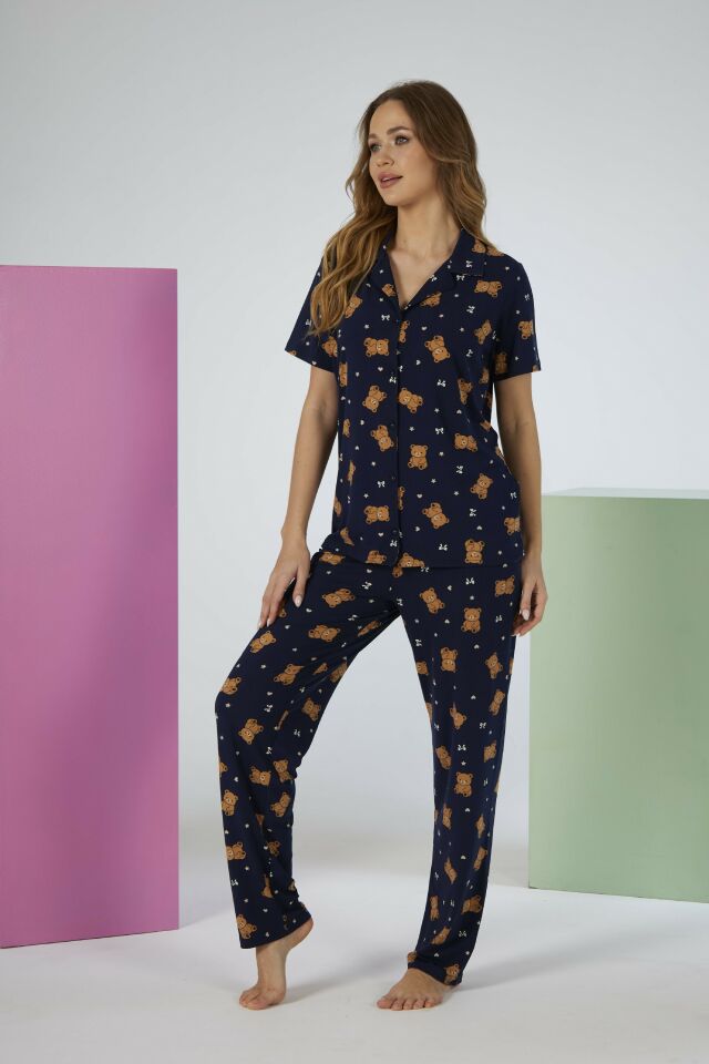 Estiva Kadın Ayıcık Desenli Lacivert Kısa Kollu Önden Düğmeli Soft Pijama Takımı
