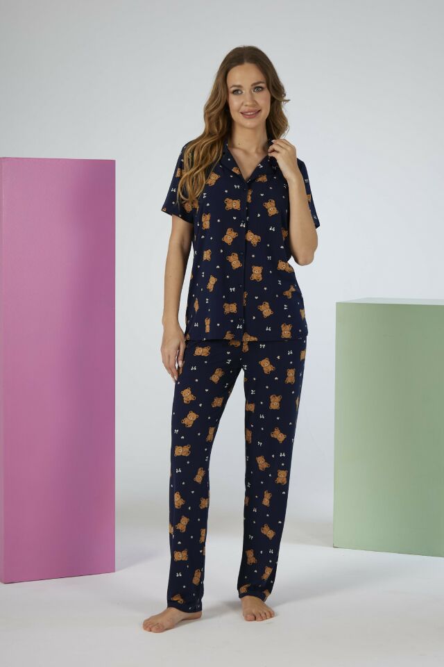 Estiva Kadın Ayıcık Desenli Lacivert Kısa Kollu Önden Düğmeli Soft Pijama Takımı