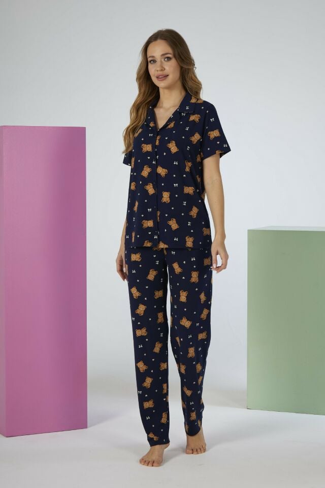 Estiva Kadın Ayıcık Desenli Lacivert Kısa Kollu Önden Düğmeli Soft Pijama Takımı