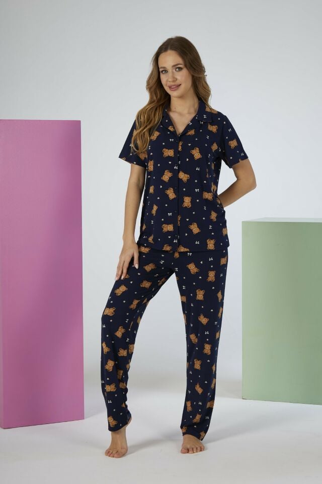 Estiva Kadın Ayıcık Desenli Lacivert Kısa Kollu Önden Düğmeli Soft Pijama Takımı