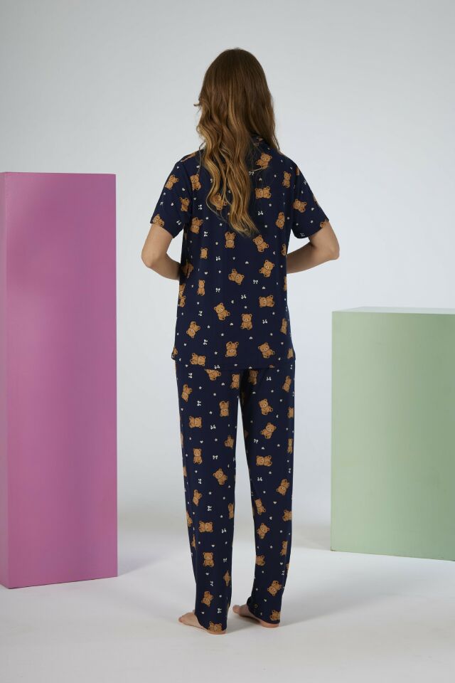 Estiva Kadın Ayıcık Desenli Lacivert Kısa Kollu Önden Düğmeli Soft Pijama Takımı