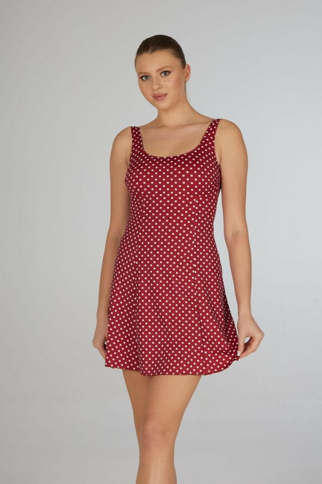 Estiva Kadın Puantiyeli Kırmızı Emprime Tek Parça Elbise Mayo