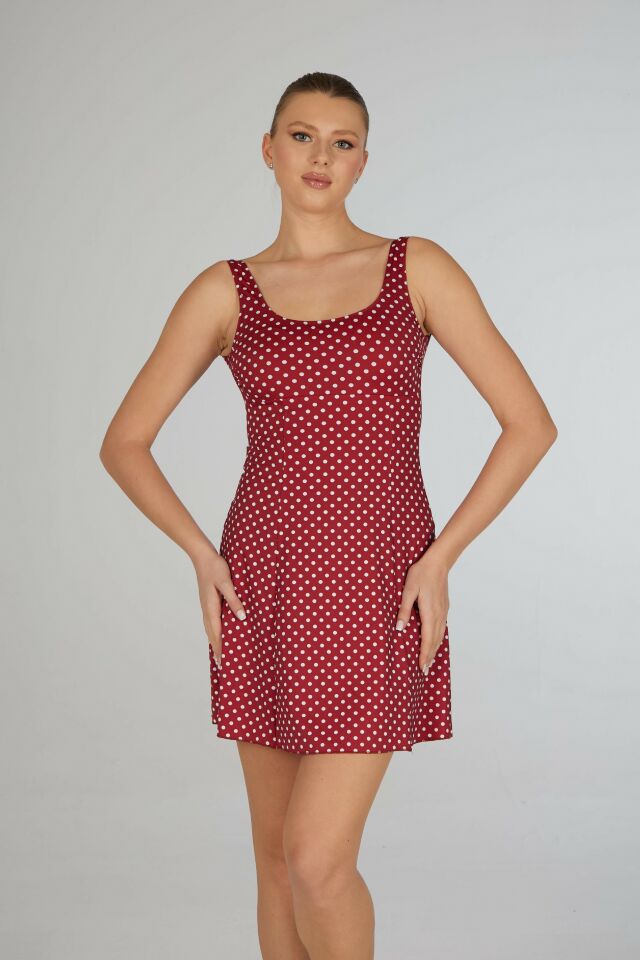 Estiva Kadın Puantiyeli Kırmızı Emprime Tek Parça Elbise Mayo