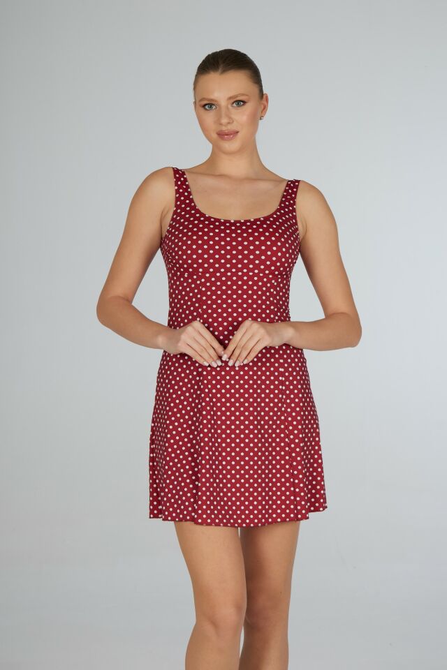 Estiva Kadın Puantiyeli Kırmızı Emprime Tek Parça Elbise Mayo