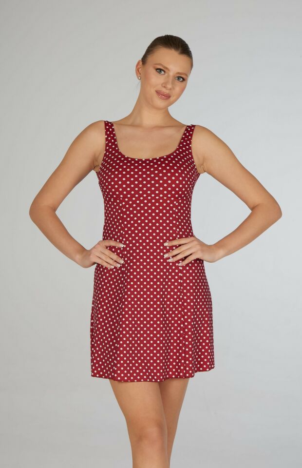 Estiva Kadın Puantiyeli Kırmızı Emprime Tek Parça Elbise Mayo