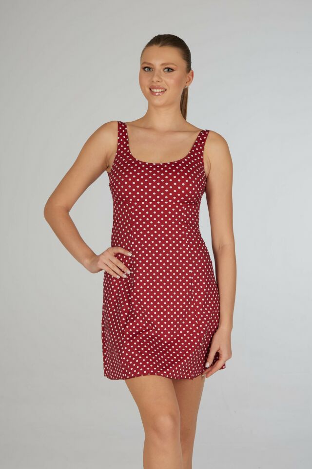 Estiva Kadın Puantiyeli Kırmızı Emprime Tek Parça Elbise Mayo