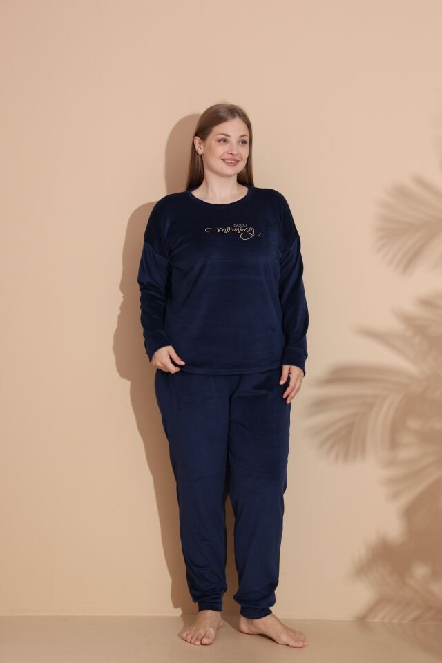 Kadın Kışlık Kadife Battal Pijama Takımı Lacivert - 3XL