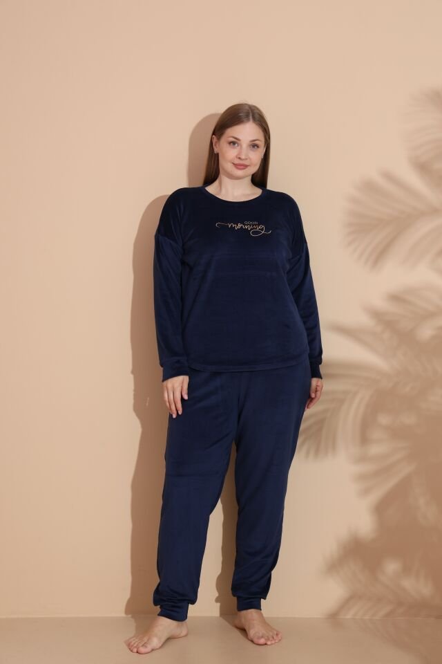 Kadın Kışlık Kadife Battal Pijama Takımı Lacivert - 4XL