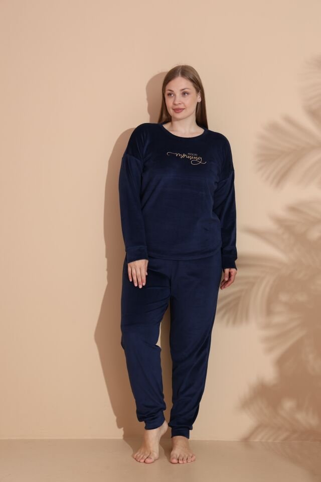 Kadın Kışlık Kadife Battal Pijama Takımı Lacivert - 4XL