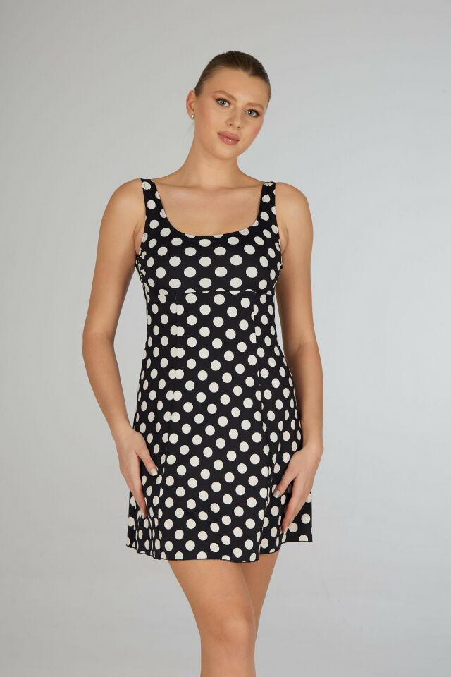 Estiva Kadın Puantiyeli Siyah Emprime Tek Parça Elbise Mayo