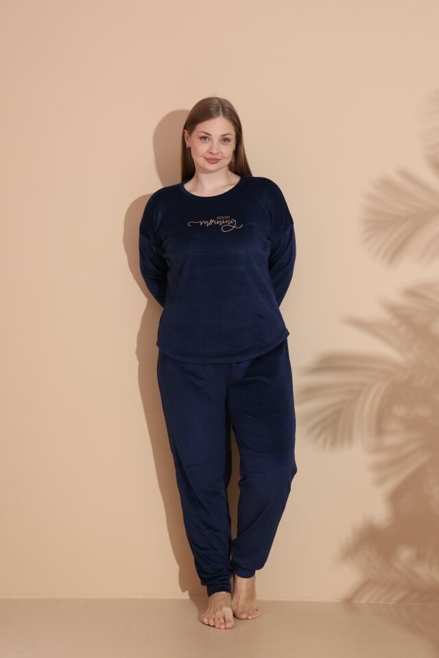 Kadın Kışlık Kadife Battal Pijama Takımı Lacivert - 5XL