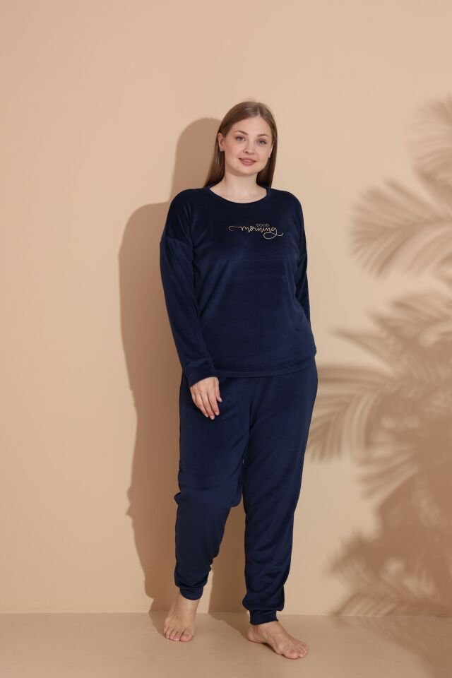 Kadın Kışlık Kadife Battal Pijama Takımı Lacivert - 5XL