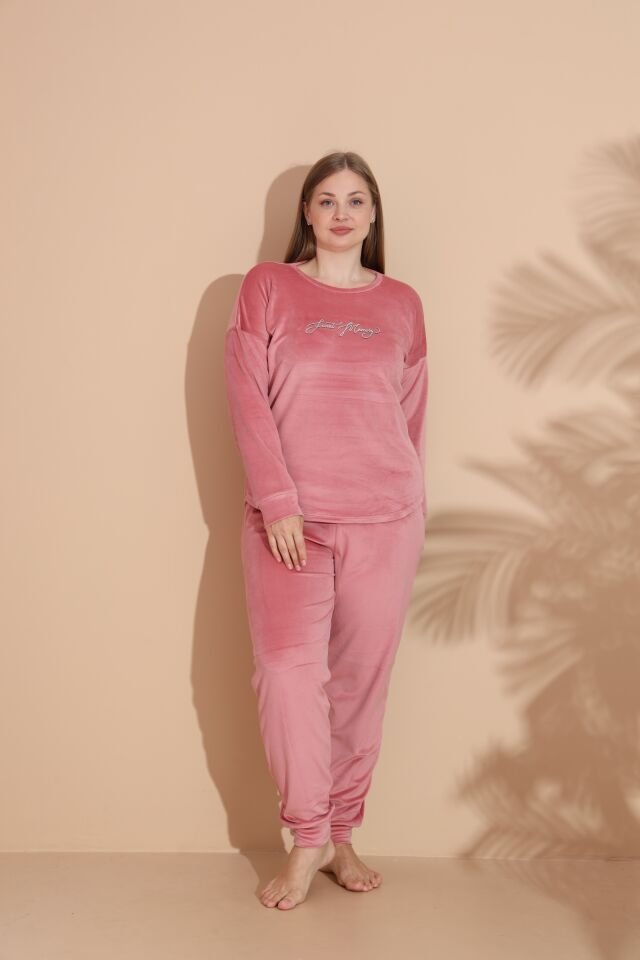 Kadın Kışlık Kadife Battal Pijama Takımı 3XL - Pudra