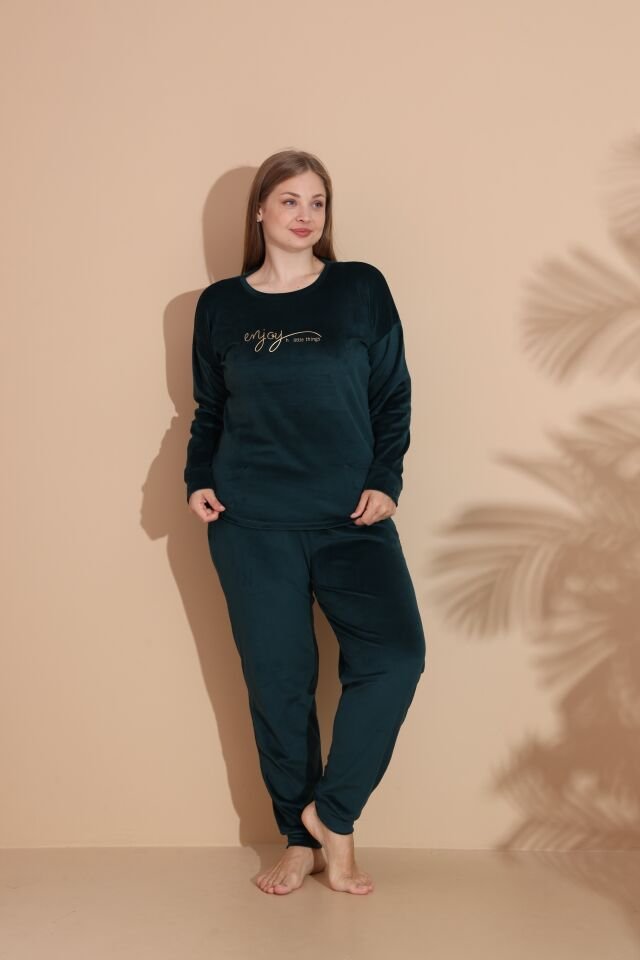 Kadın Kışlık Kadife Battal Pijama Takımı 3XL - Yeşil